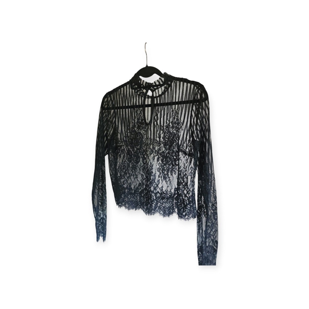 Lulus Tempt Me Black Sheer Lace Long Sleeve Crop Top Mock Neck Medium - Picture 9 of 9